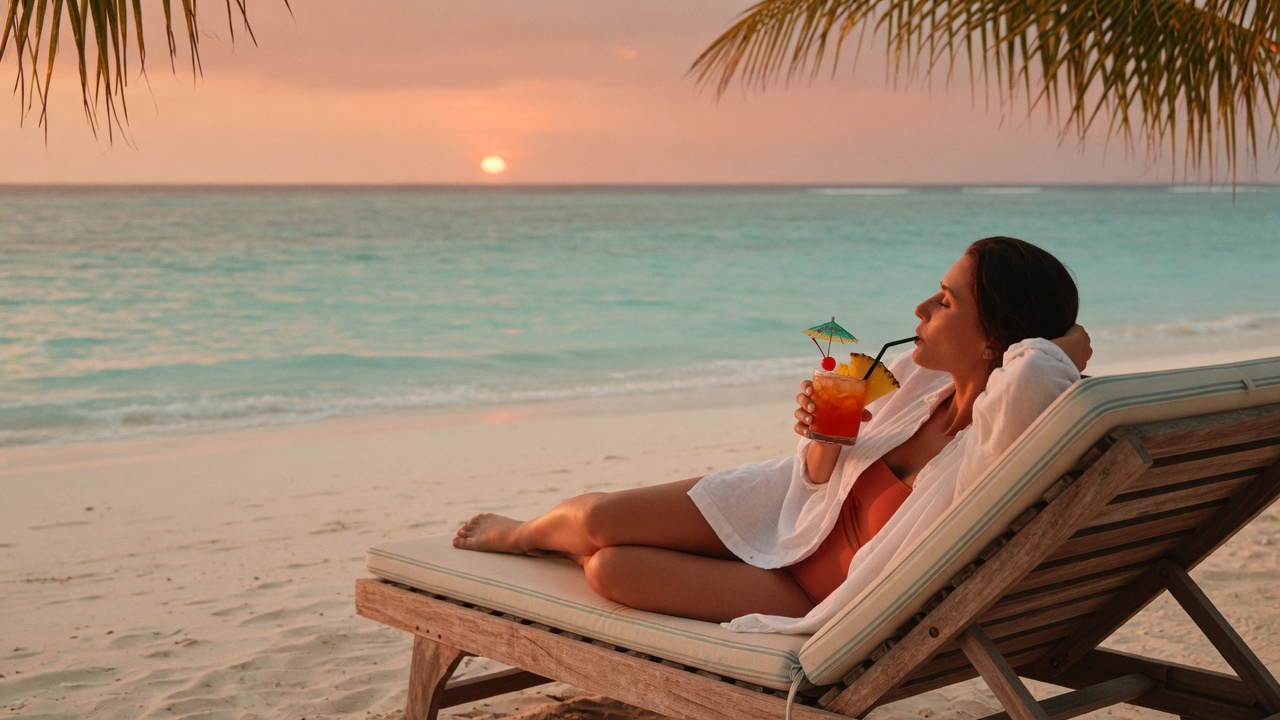 Someone reclining on a beach lounge chair at sunset with a mai tai